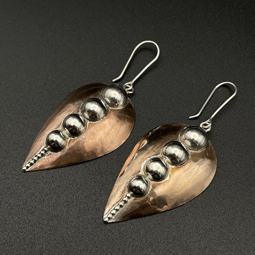 Vintage Silver Copper Ball Bead Domed Leaf Dangle Earrings Bohemian‎ Style